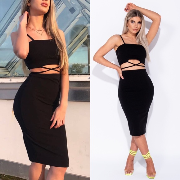 black crop top and midi skirt set